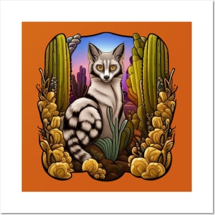 Arizona Ring Tailed Cat Surrounded By Cacti Cartoon Tattoo Posters and Art